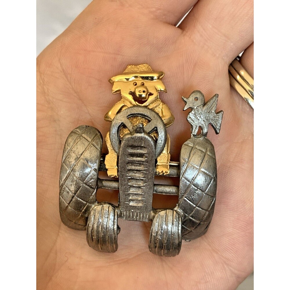 Vintage Ultra Craft Pig on Tractor Brooch Farmer Farm Novelty Pin